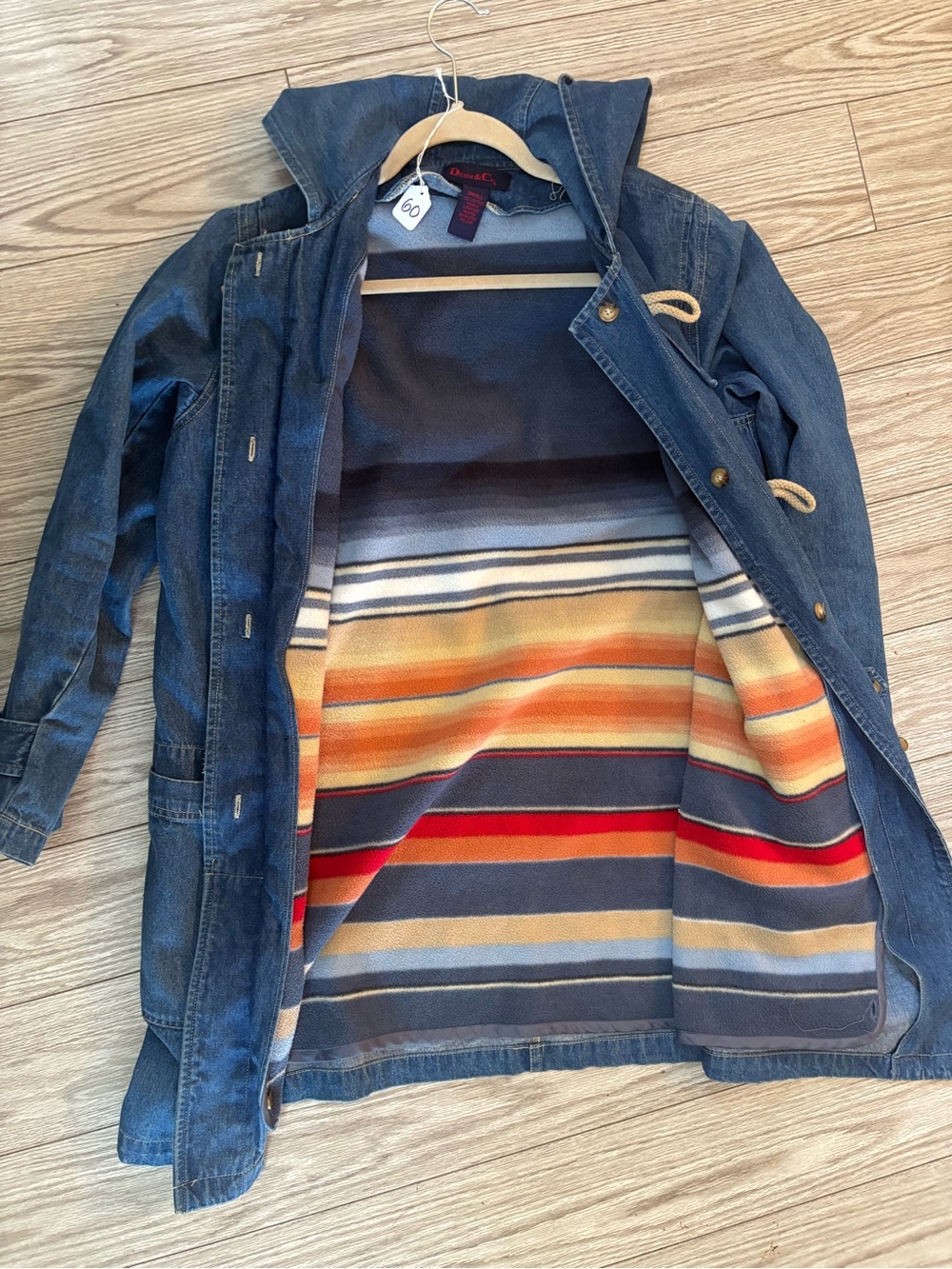 Denim&Co Blue Denim Trench Coat with Multicolor Striped Lining